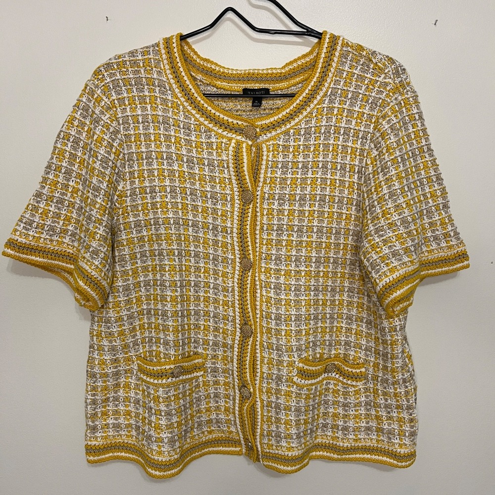 Talbots Yellow White textured Gold Button Cardigan Women's XL Office